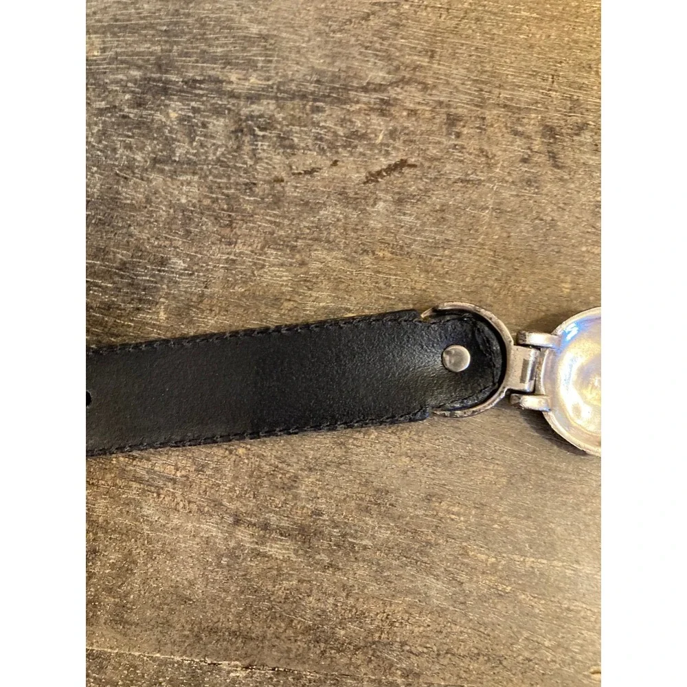 Fossil Black Leather Western Concho Link Belt Silver Tone Etched Buckle Large